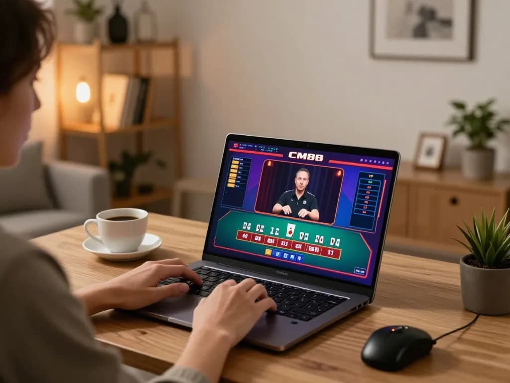 CM88 player enjoying live baccarat gameplay on a laptop in a cozy home setting