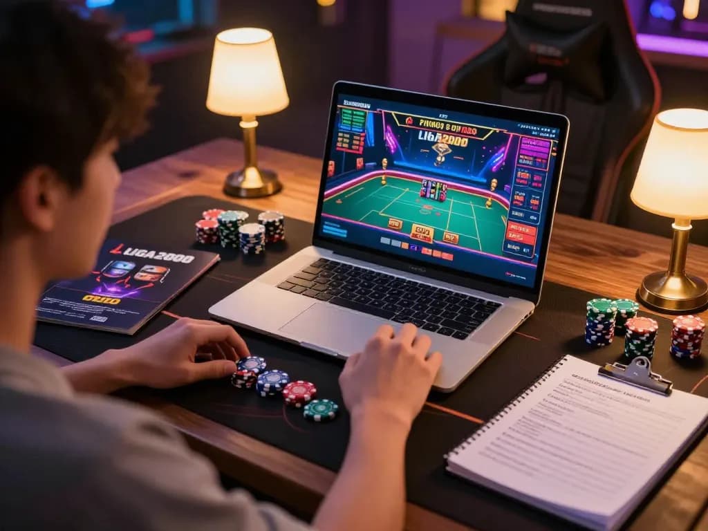 Engaging in online LIGA2000 live dealer gaming session with ambient lighting and bankroll management notes.