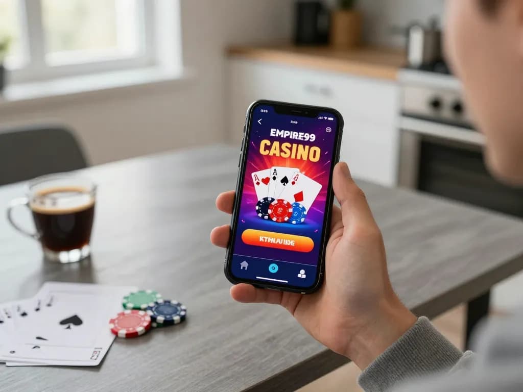 Nikmati sensasi permainan online dengan Empire99, menampilkan aplikasi smartphone dengan grafis poker yang berwarna-warni.
