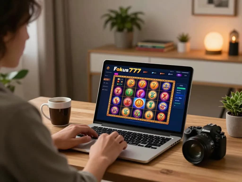 Engaging user playing on Fokus777 online casino platform with colorful slot games on screen.