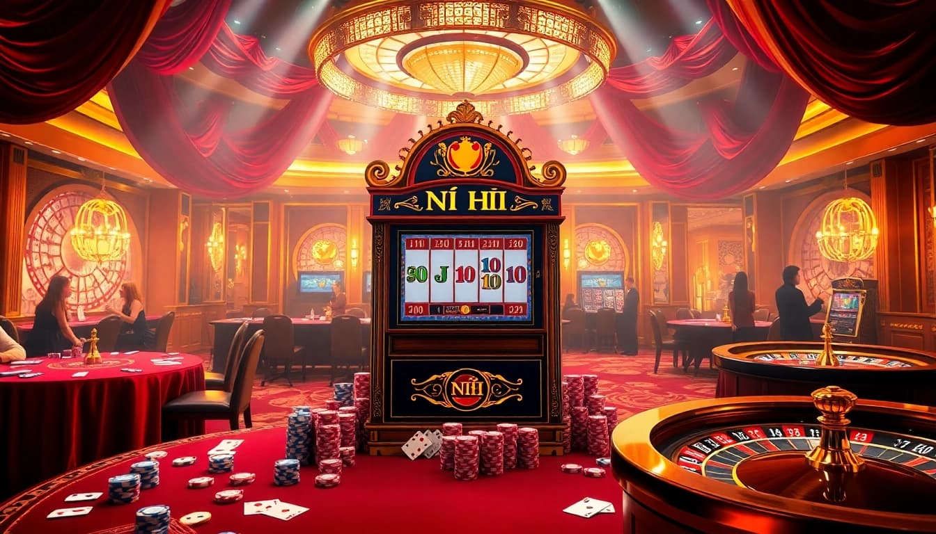 Exciting view of a Nổ Hũ slot machine surrounded by vibrant casino elements, attracting gamblers.
