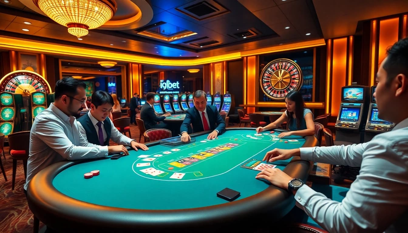 Experience the thrill of i9bet with vibrant gaming tables and excited players at a luxurious casino.