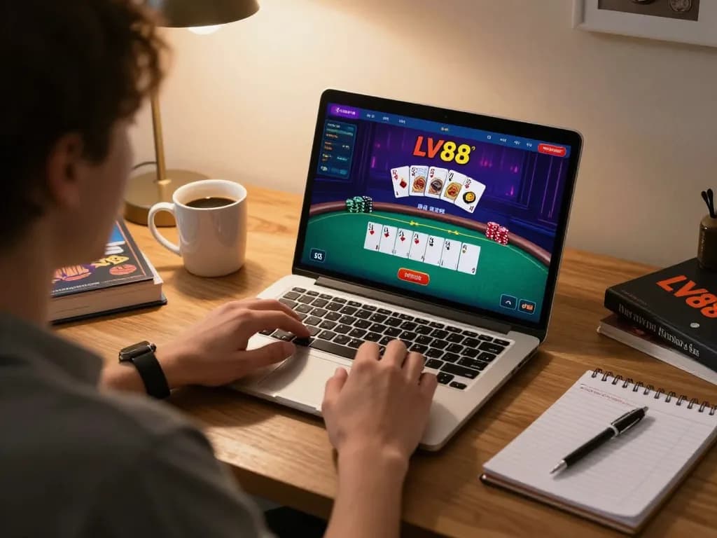 Engaged player using LV88 online casino interface at home, highlight of poker game.