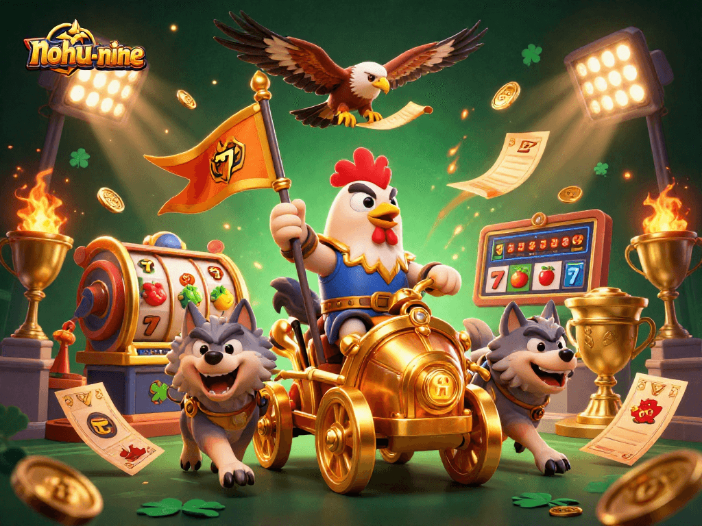 Engage in the thrilling nohu-nine gameplay, featuring dynamic casino elements and a majestic rooster warlord.