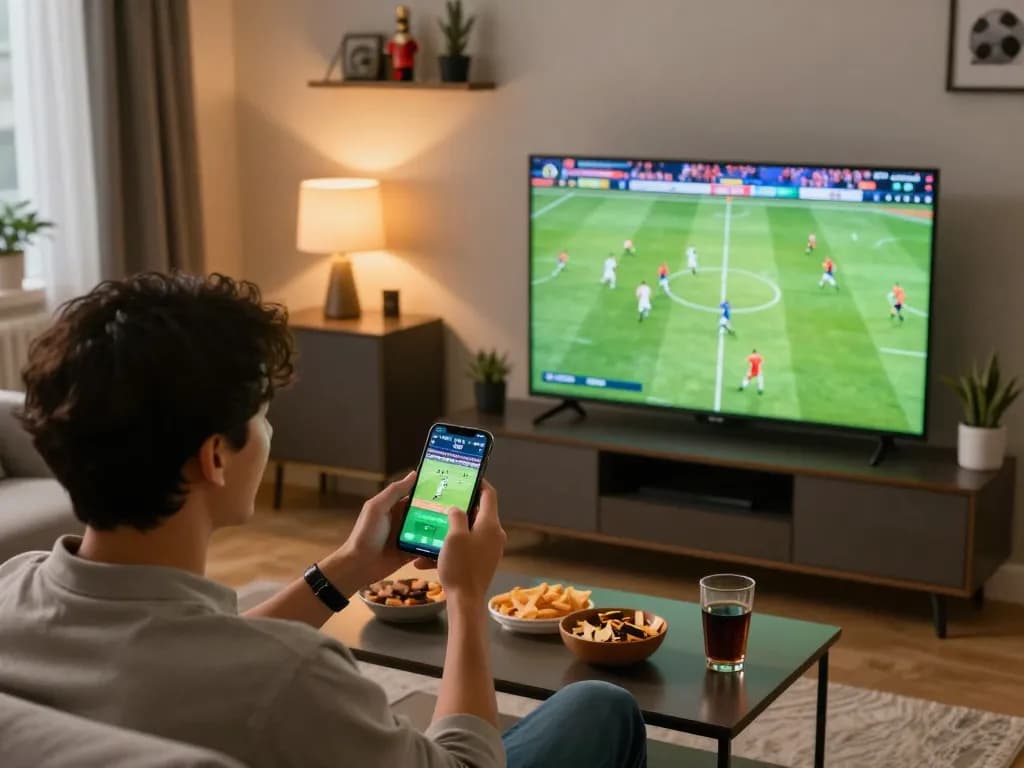 Engaging sports betting South Africa scene with a fan using a betting app during a live soccer match.