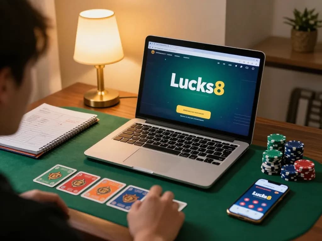 Engaged player at lucks8 playing poker online, showcasing strategic gaming atmosphere and responsible gambling.