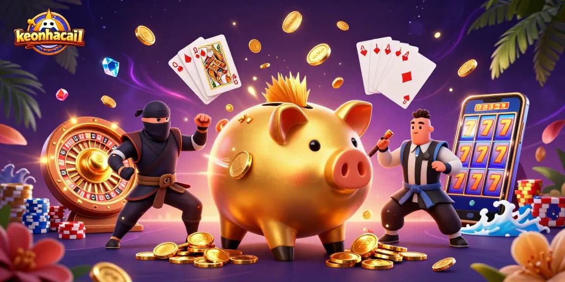 keonhacai1 showcases exciting gaming action with a piggy bank sumo wrestler amidst dynamic casino elements.