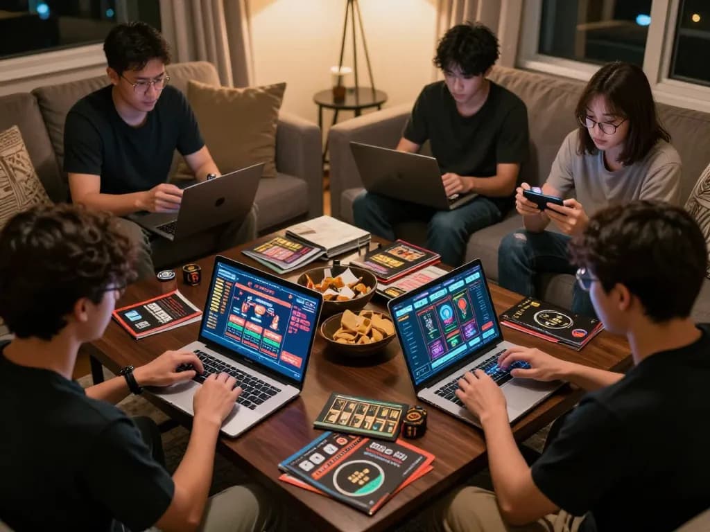 Players engaging in online gambling on devices at home, featuring c168 interface on screens, cozy atmosphere, responsible gaming.