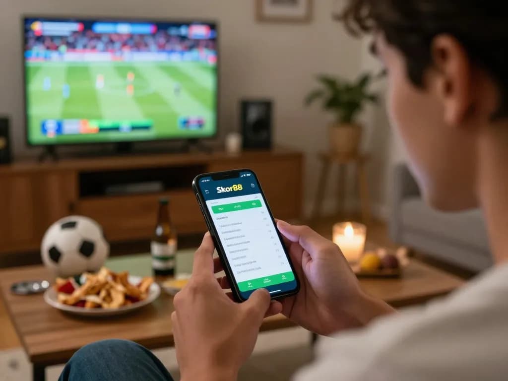 Parlay Skor88 betting app displayed on smartphone during an exciting home gaming night, emphasizing strategic betting.