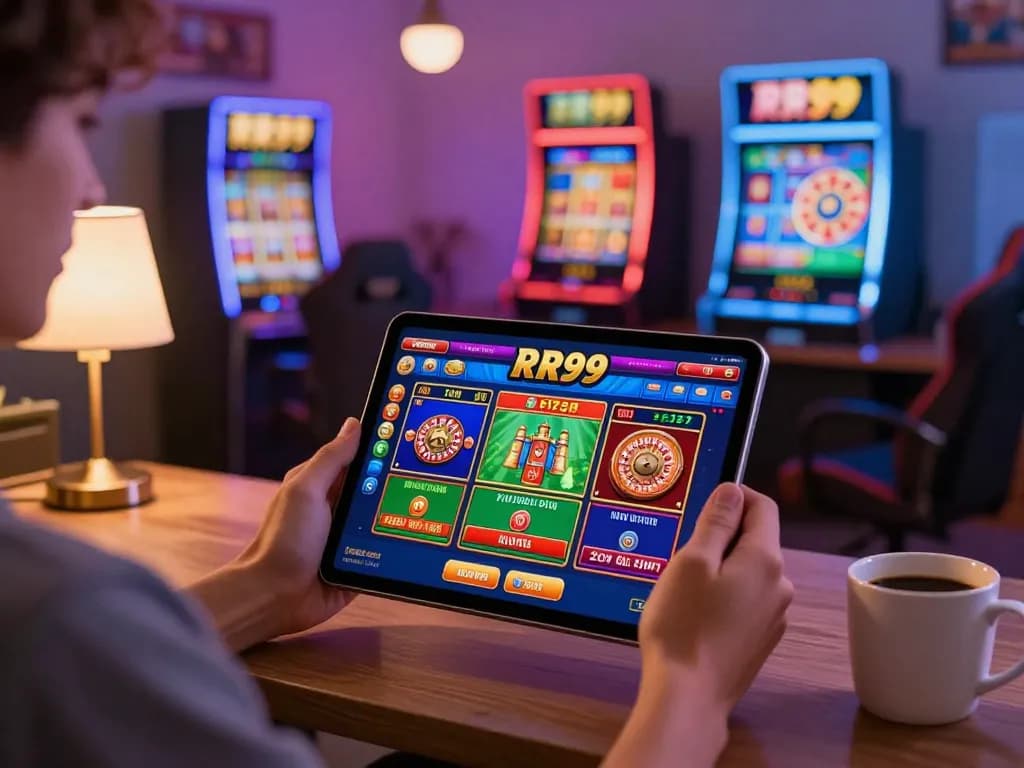 Engaging online gaming scene at https://rr99.it.com/ featuring a player enjoying casino games on a tablet.