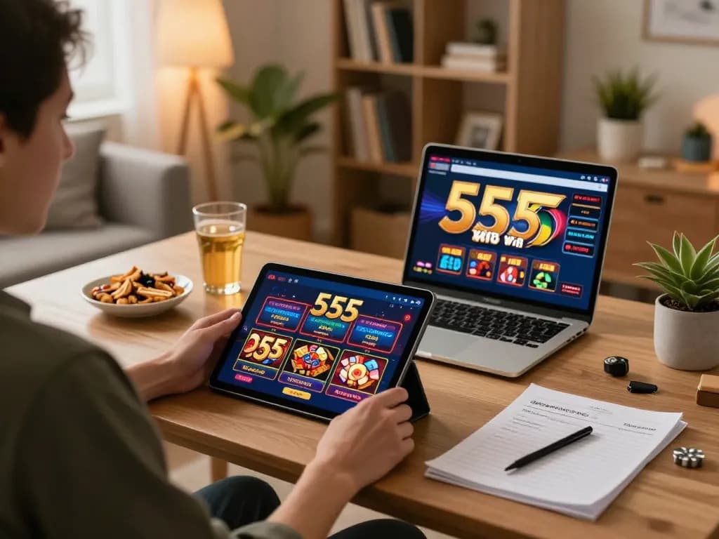 Player engaging in 555win online gaming, showcasing tablet with casino app interface and cozy home setup