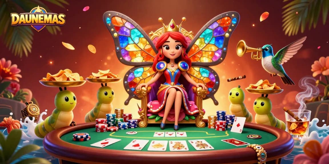 Engage with DAUNEMAS in this vibrant 3D illustration featuring royal poker elements and luxury decor.