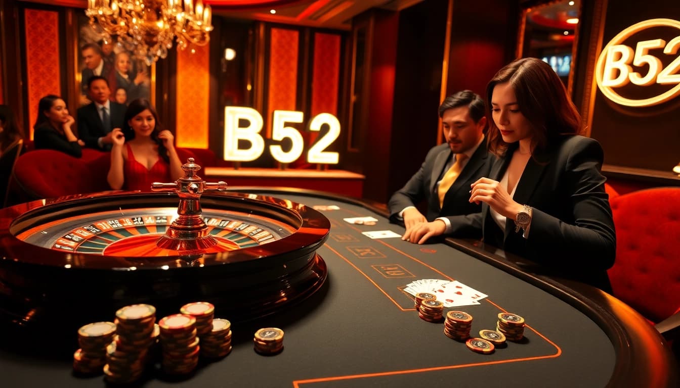 Players enjoy an exciting B52-themed casino game night with poker chips and illuminated roulette wheel.