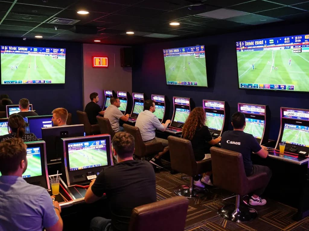 Engaged bettors strategizing on LC88 at a vibrant sports betting venue with screens showing live odds