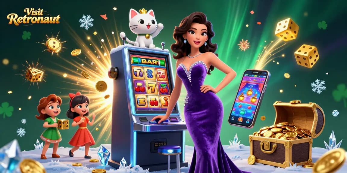 Win big at the slots with Visit Retronaut's vibrant casino illustration showcasing jackpot excitement and luck.