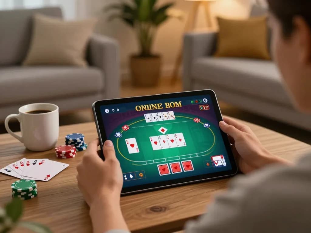 Terlibat dalam login hotplay88 sambil menikmati permainan poker di tablet dalam suasana rumah yang nyaman.