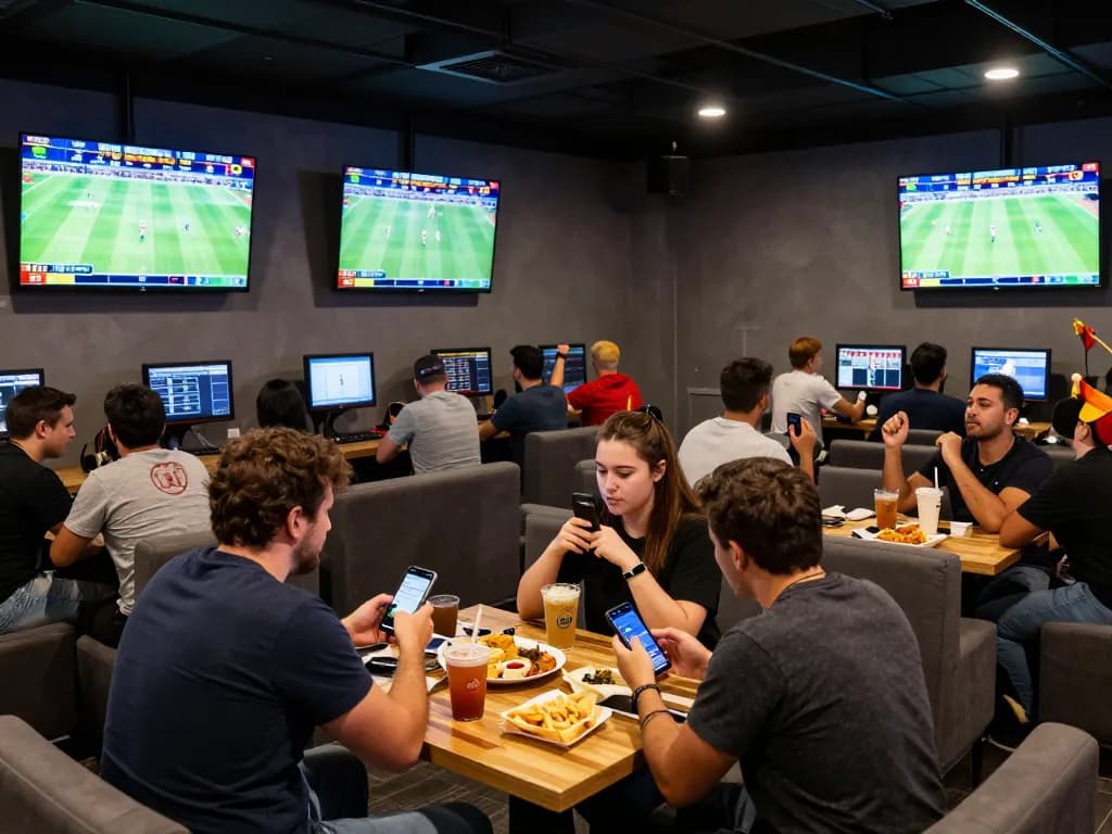 Okwintv fans enjoying sports betting in a lively lounge while using mobile apps.