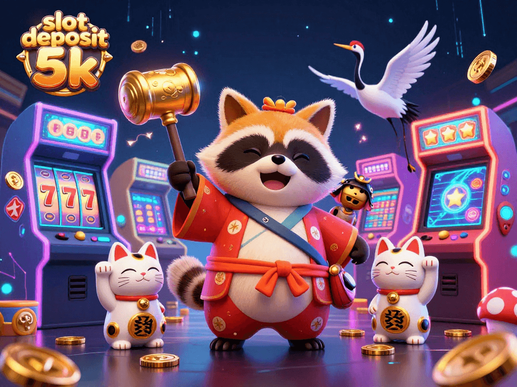 Engage with slot deposit 5k through a vibrant 3D illustration featuring lucky symbols and characters.