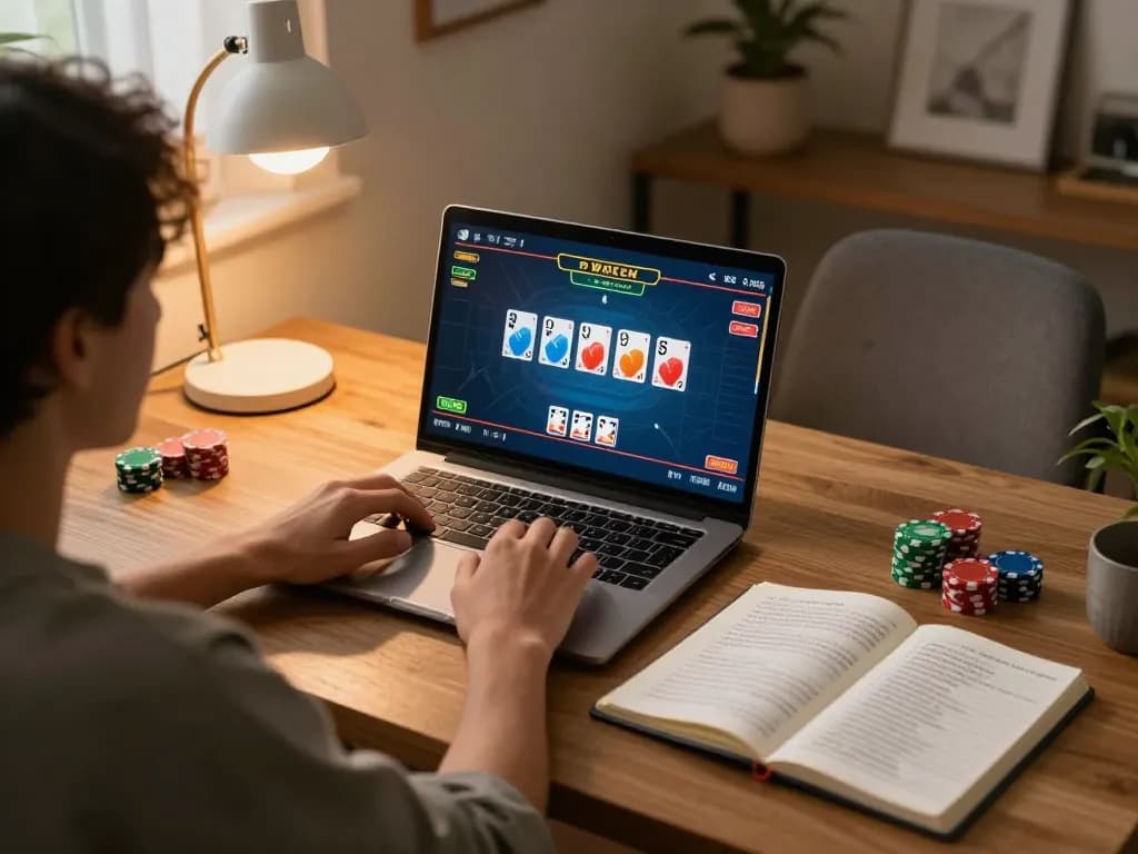Engaging poker gameplay on tt88n0hu com from a cozy home office, illustrating strategic online gaming.