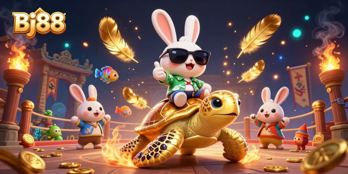 Bj88 offers dynamic online betting fun with a lucky rabbit and golden sea turtle amidst gaming elements.