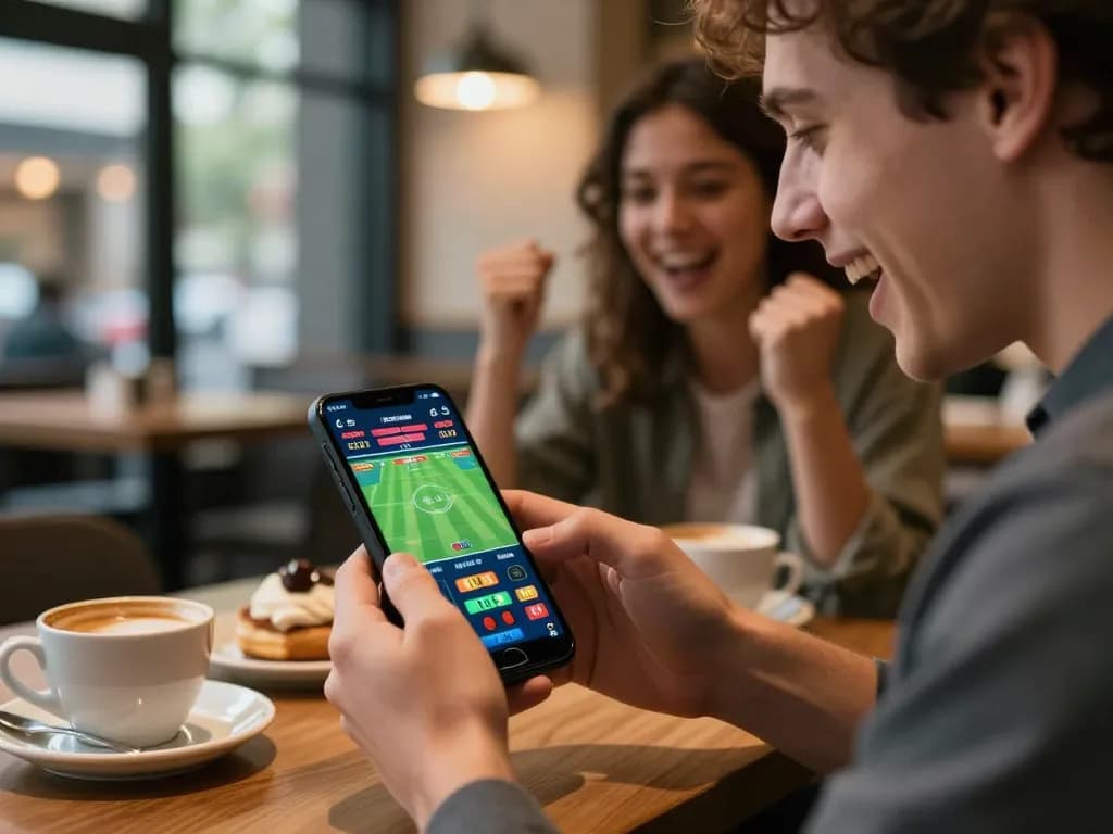 Player using their smartphone for peri11 sports betting in a vibrant café, showcasing live odds.