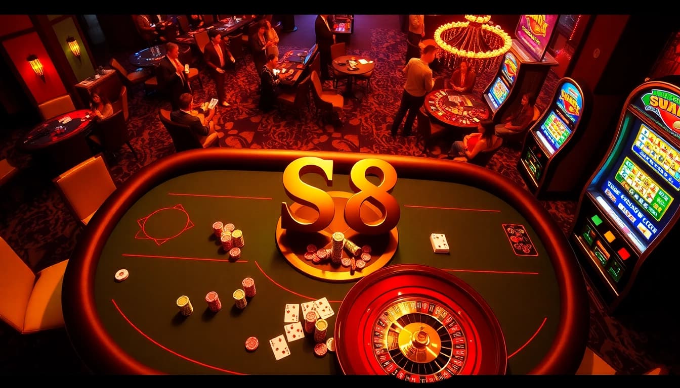Experience S8's thrilling casino games with a vibrant poker table and exciting players engaged in competitive gambling.