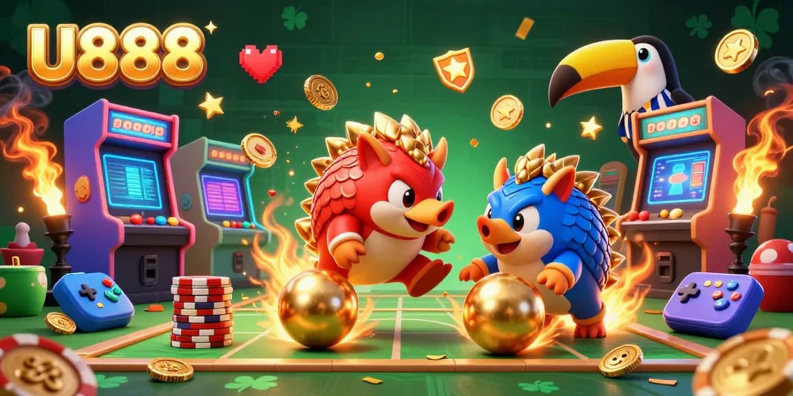 Engage with U888 through vibrant 3D pangolin characters in a rich casino arcade setting.