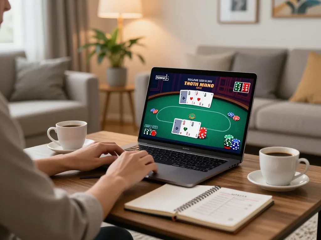 gbong player engaging in an exciting online poker game from a cozy home setting