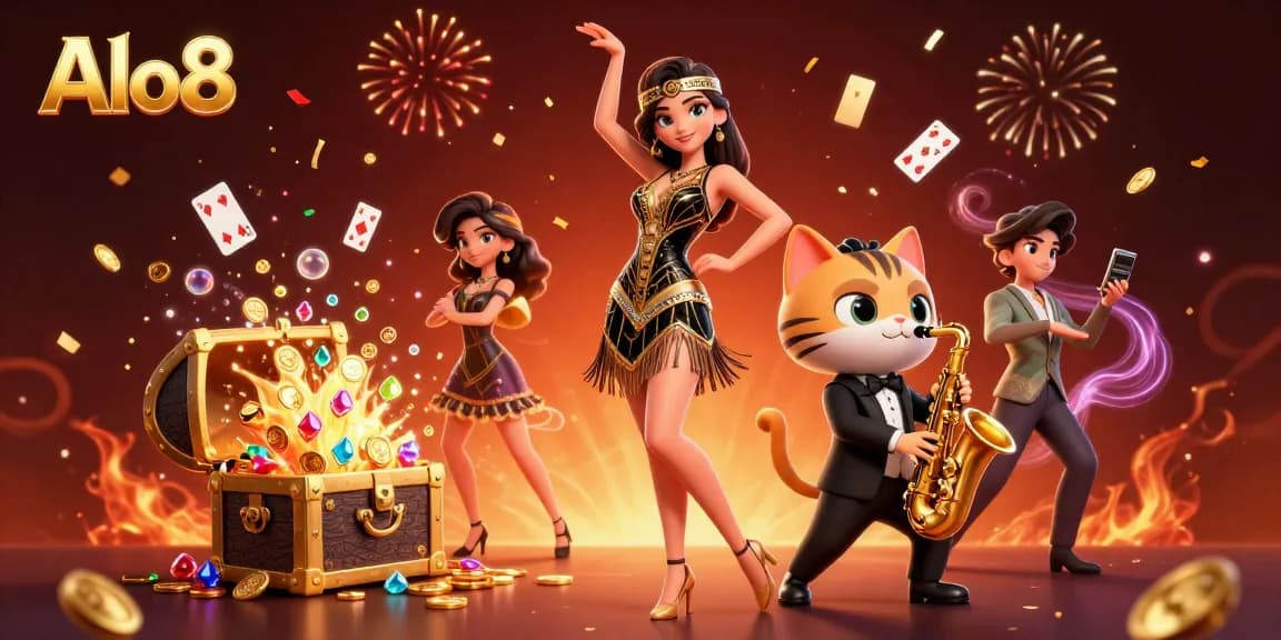 Alo8 enhances your casino experience with a 3D illustration showcasing vibrant characters and elements from games, surrounded by exciting action.