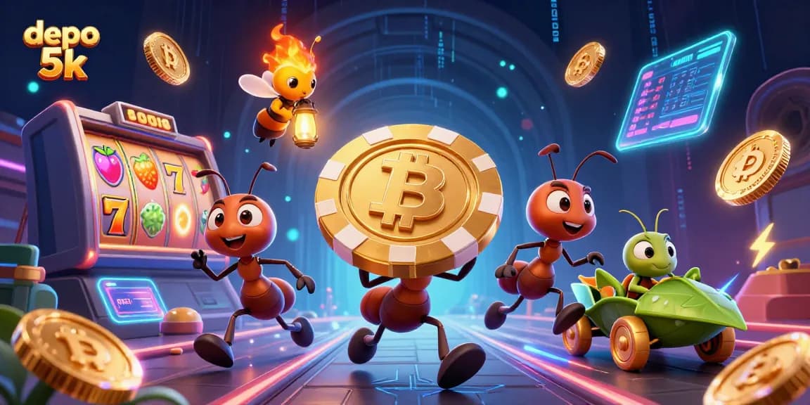 Menghadapi peluang menang besar dengan depo 5k di slot online, penuh simbol keberuntungan.