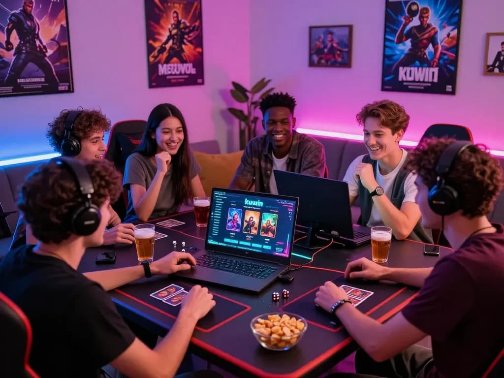 Excited friends engaging in online gaming on kuwin platform with colorful setup and snacks.