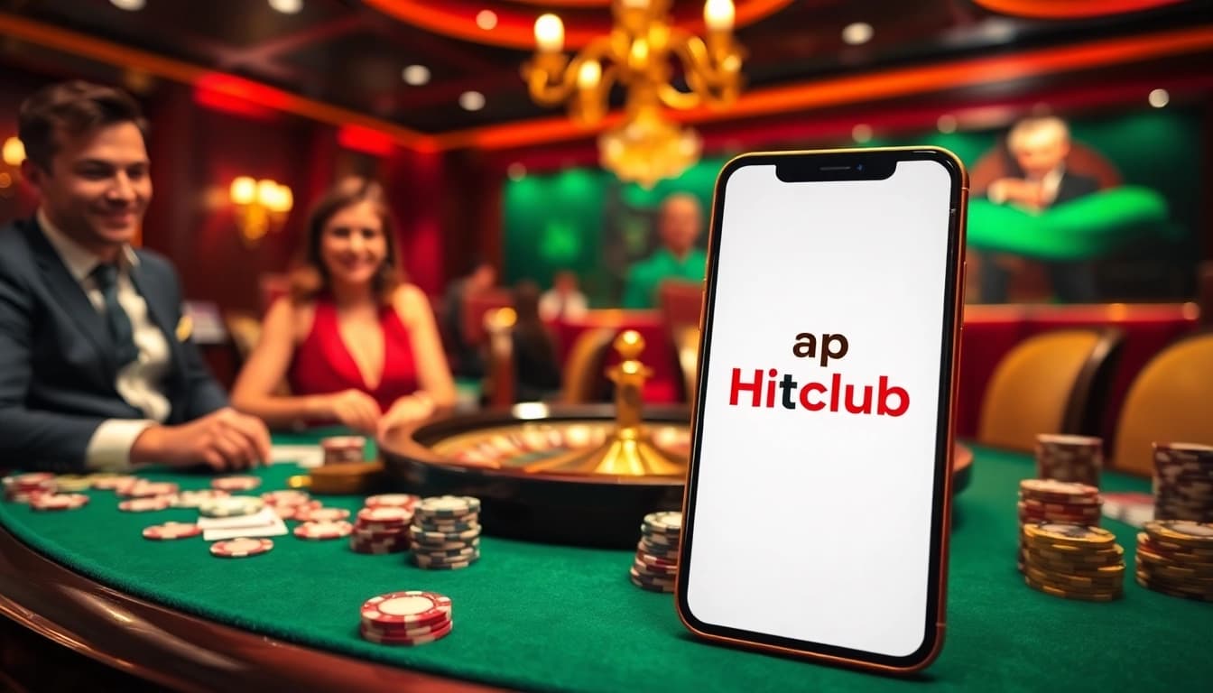 Exciting gameplay in a casino setting, highlighting the Tải app Hitclub on a smartphone amid poker and betting elements.