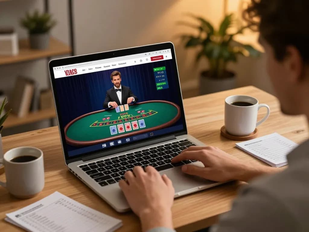 Engaging in a live dealer game on ww88, a user focuses on strategic blackjack play at a stylish home workspace.
