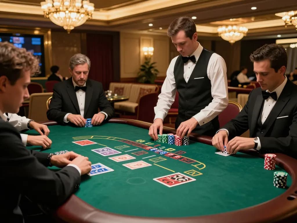 FC88 players strategizing around an elegant blackjack table in a luxurious casino environment.