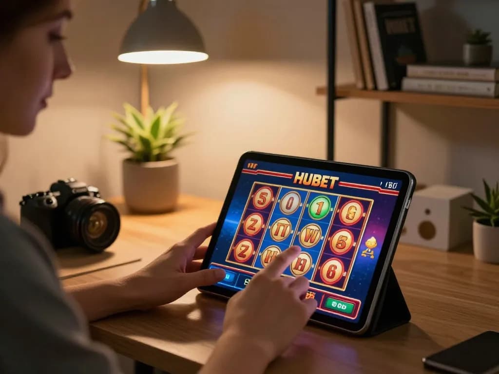 Engaging in HUBET slot games on a tablet in a cozy home office setting.
