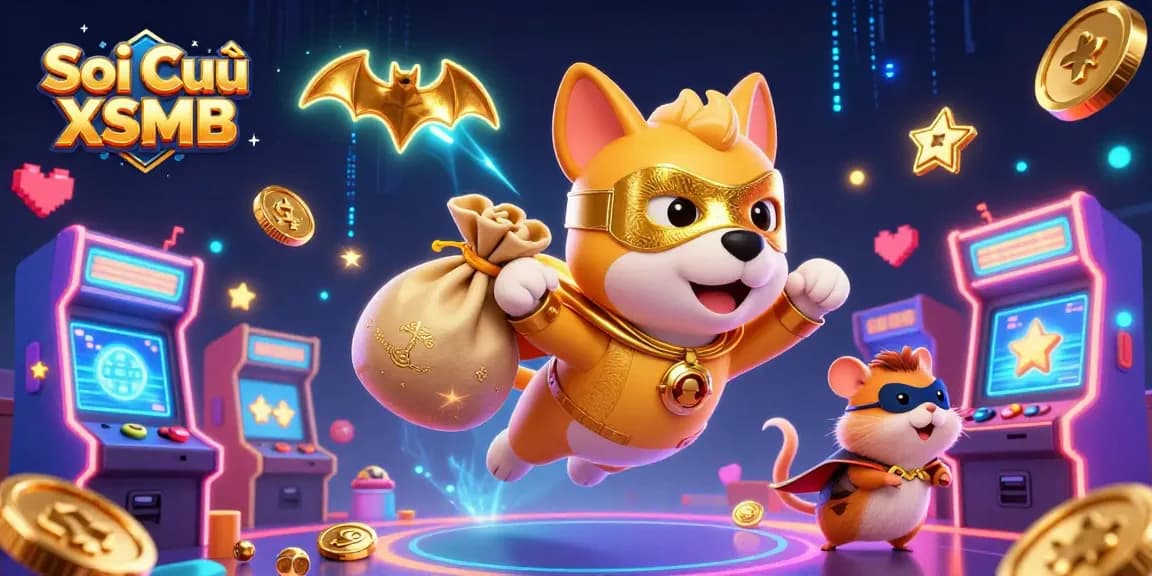 Soi Cầu XSMB illustrates a superhero dog flying with coins, showcasing lottery excitement and winning energy.