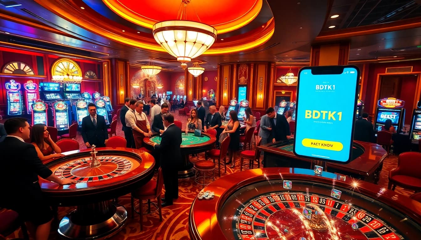 Experience the thrill of BDTK1 in a vibrant casino scene with roulette, poker, and players.