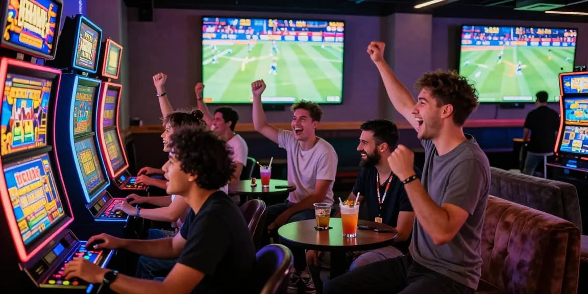 Pengunjung memainkan slot di lounge game yang ceria dan penuh warna.