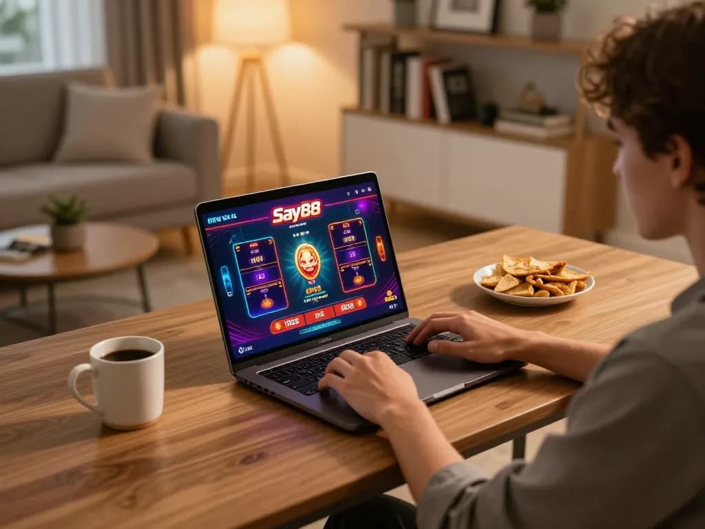 Experience Say88 online gaming on a laptop in a cozy home setting with snacks and warm lighting.