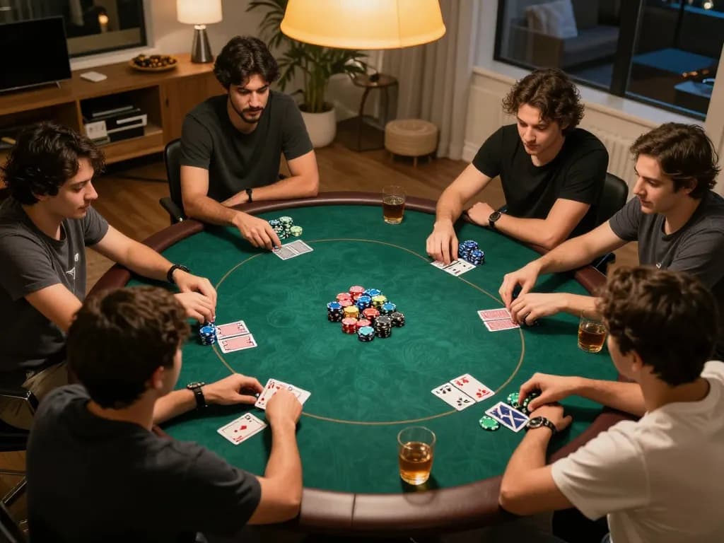 Friends enjoying a poker night at home with excitement playing rikvip, chips and cards visible, warm lighting