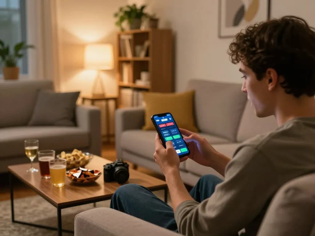 Player engaging with the 8xbet app on smartphone while celebrating a winning bet at home.