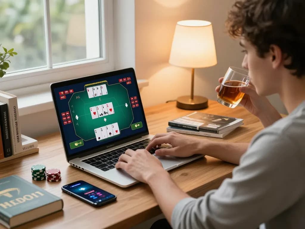 Engaged poker player at home using laptop for maxpoker88 game strategies and planning.