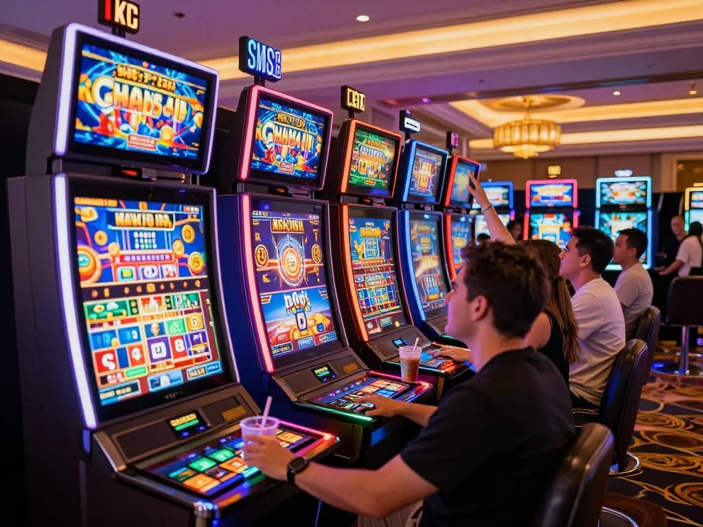 Gsc108 players celebrating big wins at colorful slot machines in a lively casino environment.