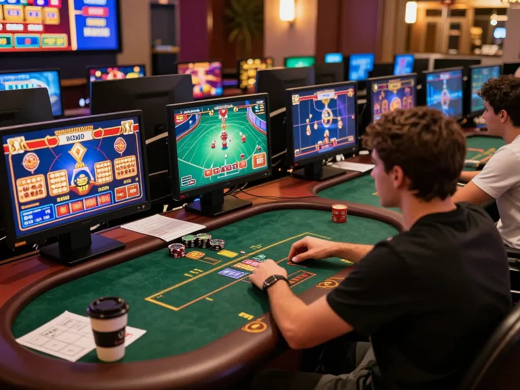 Player immersed in mb66 online casino gaming, engaged with vibrant and colorful screens.
