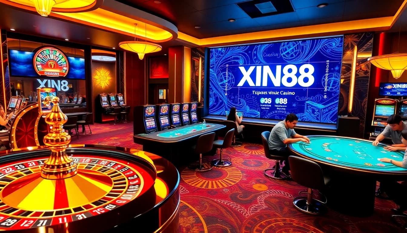 XIN88 players enjoying a thrilling gaming experience at a luxurious online casino.
