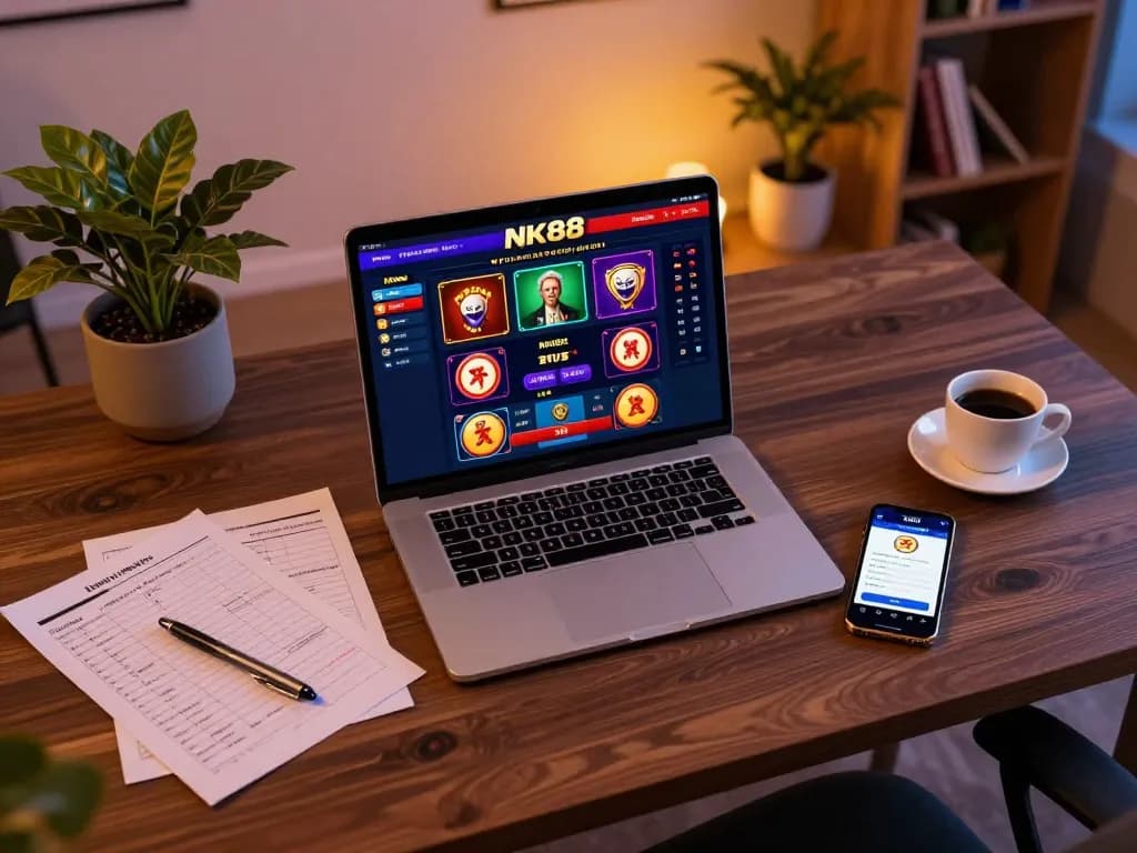 Player engaging in online casino gaming at NK88 on a laptop, cozy home atmosphere with betting notes.