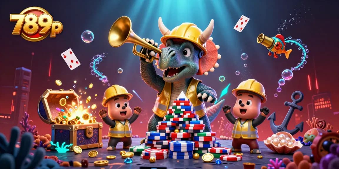 789p gaming scene with a triceratops building poker chips while underwater treasures and casino elements surround.
