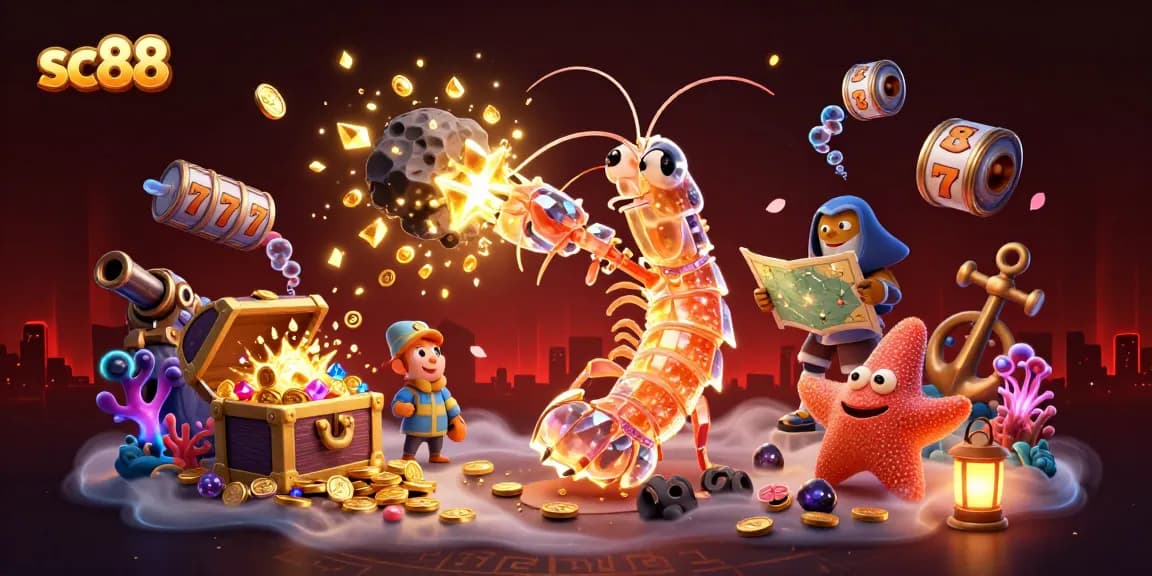 Experience thrilling gameplay with SC88, as the galactic mantis shrimp bursts through an asteroid, surrounded by vibrant casino elements.