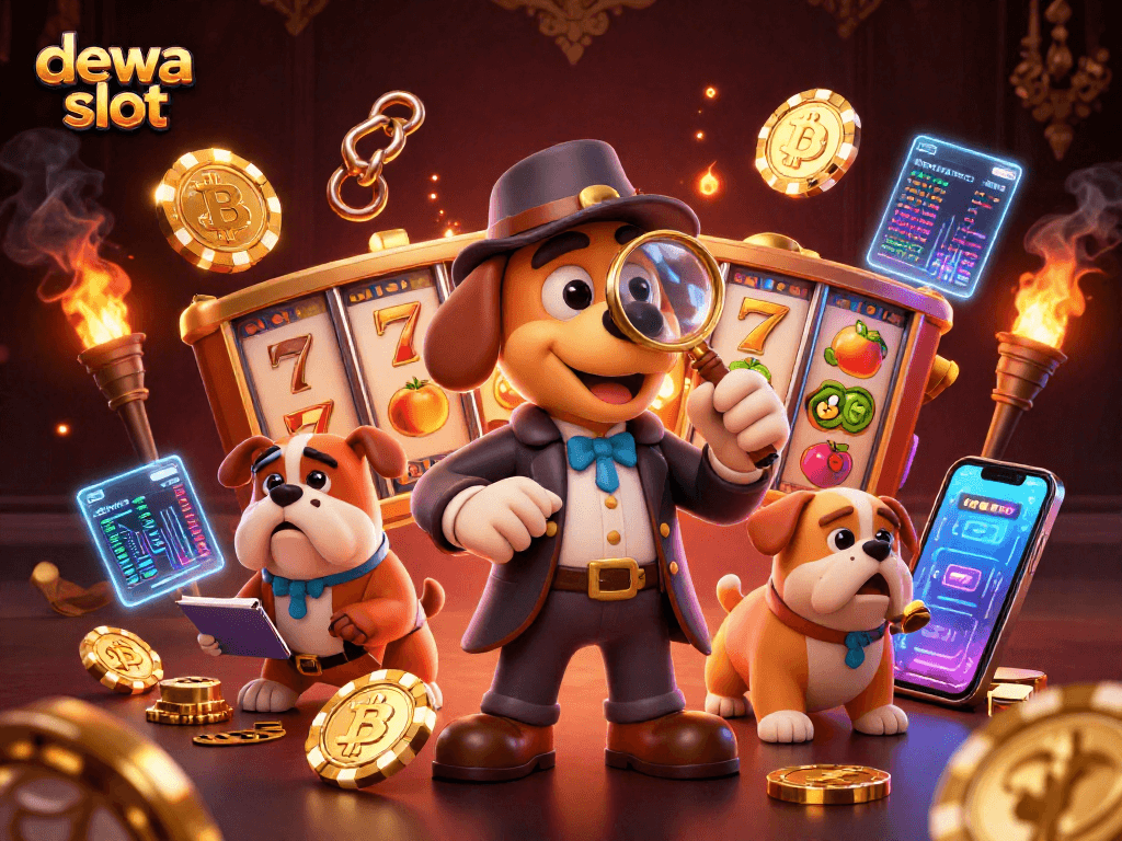 Play dewa slot with our cartoon detective, uncovering clues in a vibrant casino scene.