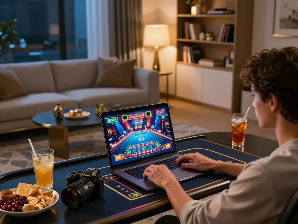 Go99 player engaged in online gaming, showcasing a cozy home setup with strategic elements